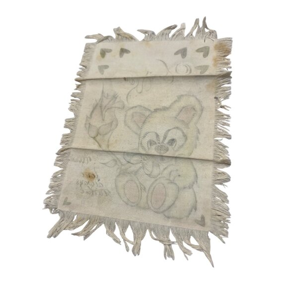 Vtg Hand-Drawn Fringed Fabric Art Teddy Bear Rose For You Text Sentimental Gift - Picture 7 of 7